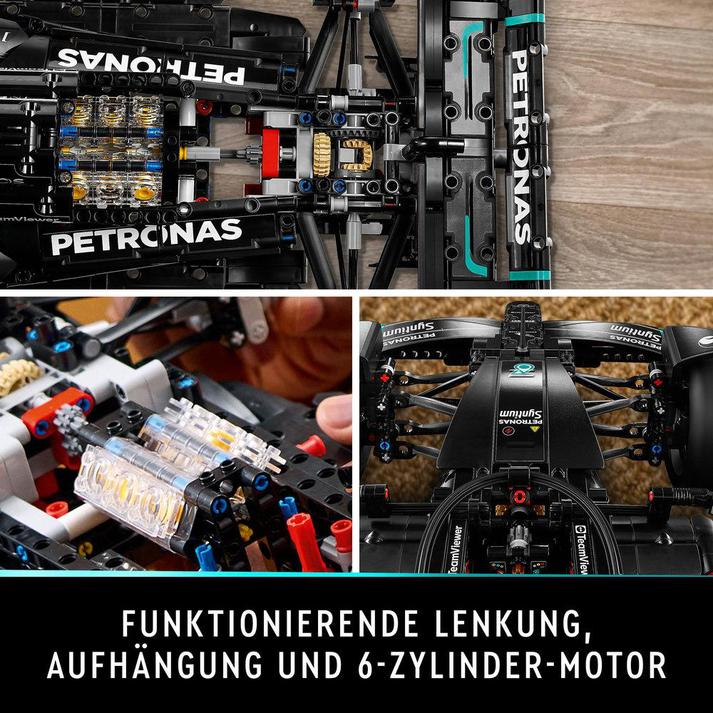 Lego-Modell eines schwarzen Rennwagens. Mehrere Ansichten des Modells mit PETRONAS und anderen Details.