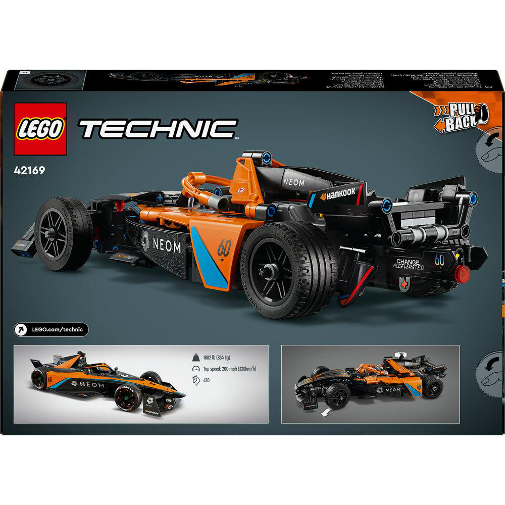 Schachtel mit LEGO Technic-Rennwagen. Orangefarbenes und schwarzes Modell mit Sponsorenlogos. Enthält kleinere Modellbilder.