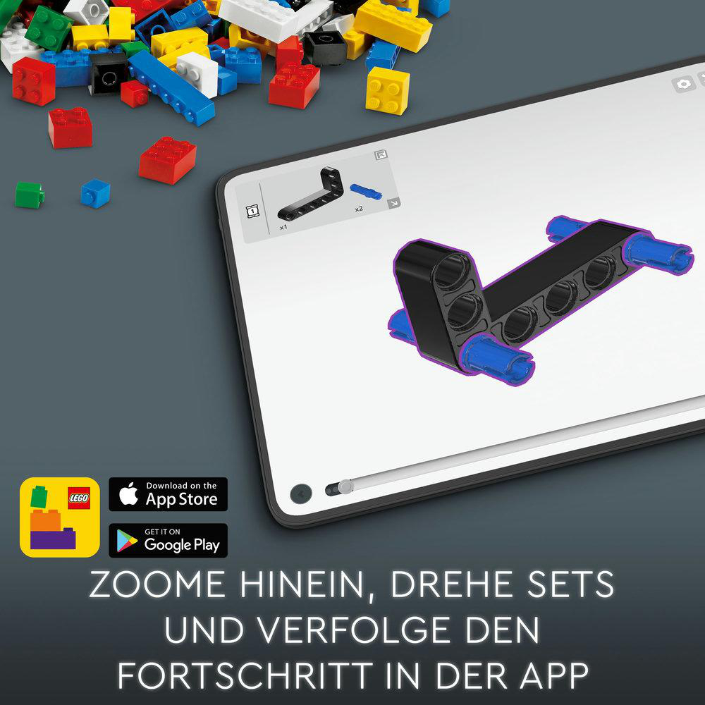 Tablet-Bildschirm mit LEGO-Bauanleitung. Der Bildschirm zeigt schwarze und blaue Struktur.