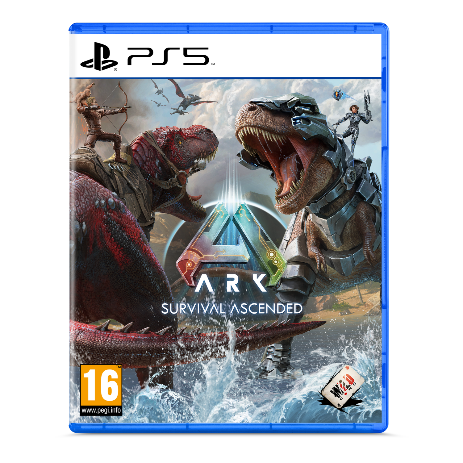 Ark: Survival Ascended PS5 game cover. Dinosauriërs en mensen.