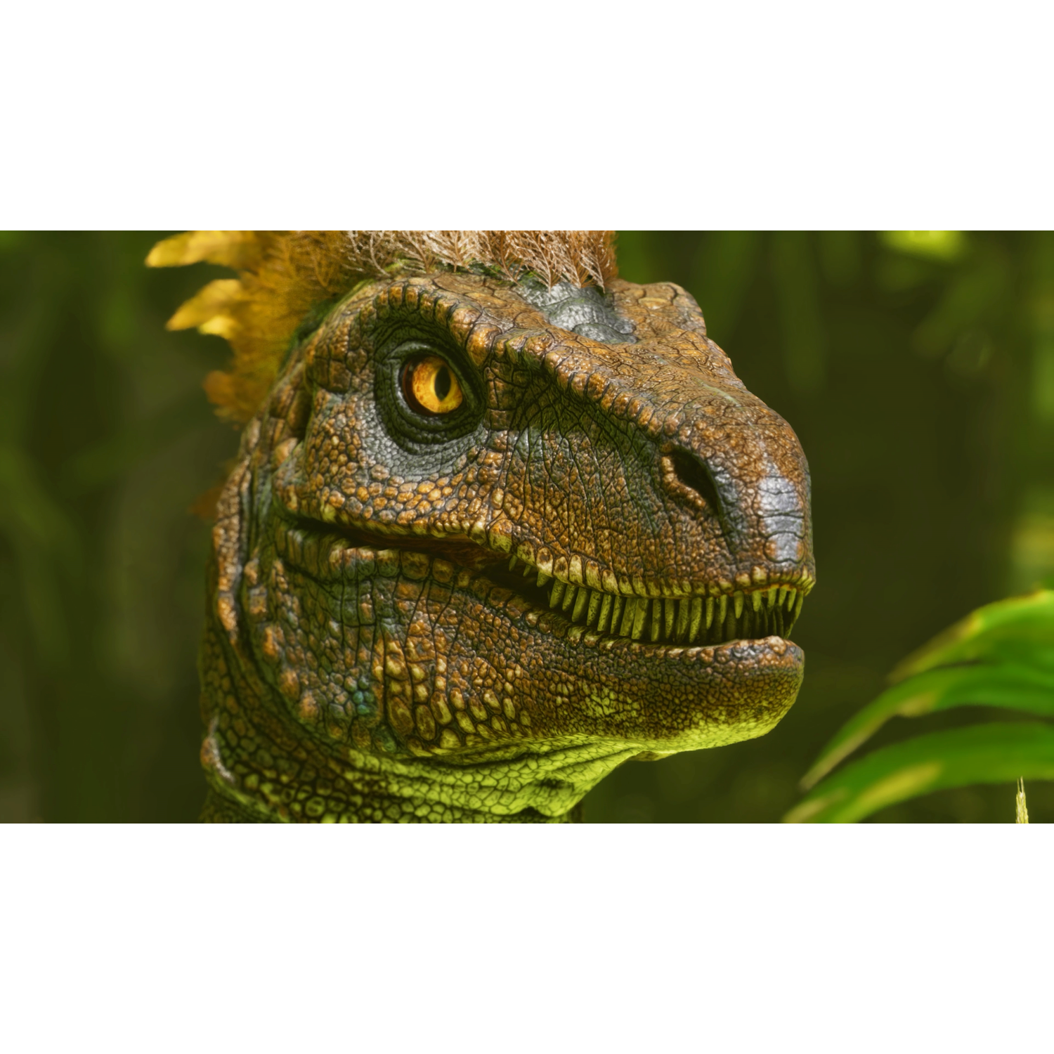 Een dinosaurus met bruine schubben, close-up tegen gebladerte.