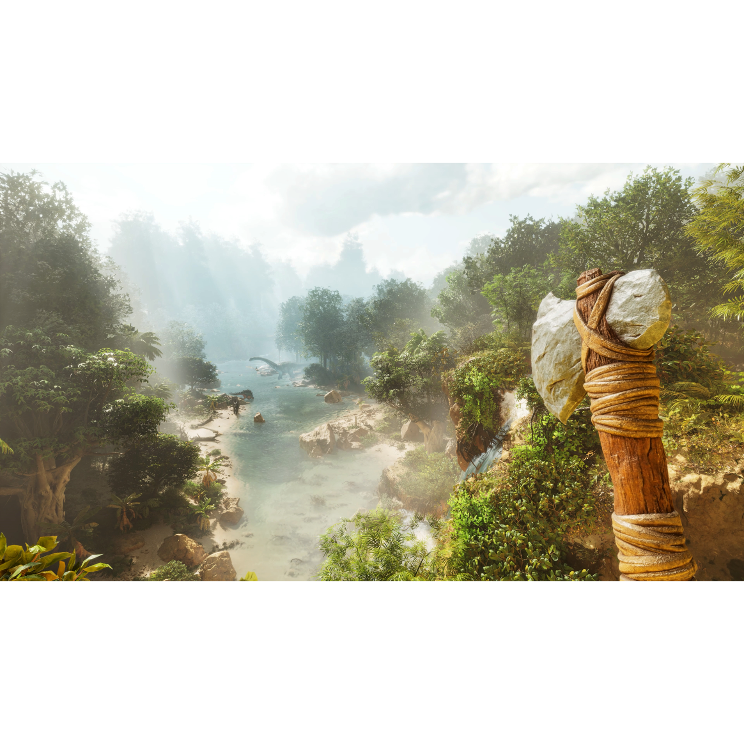 Een stenen bijl rechts in een tropische jungle scène.