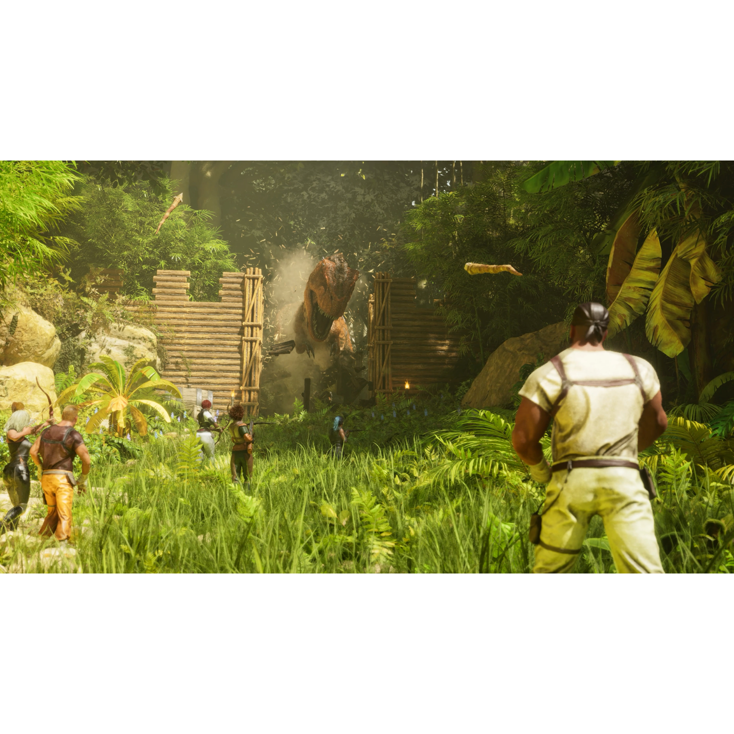 Mensen kijken hoe een dinosaurus uit een jungle komt.
