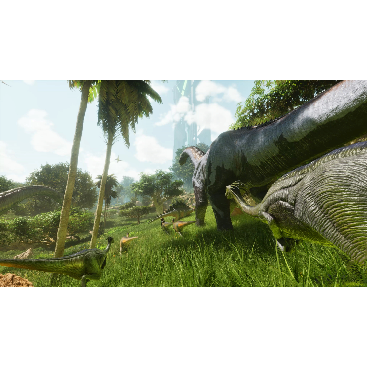 Dinosaurussen in een jungle-omgeving met bomen, lucht en andere vegetatie.