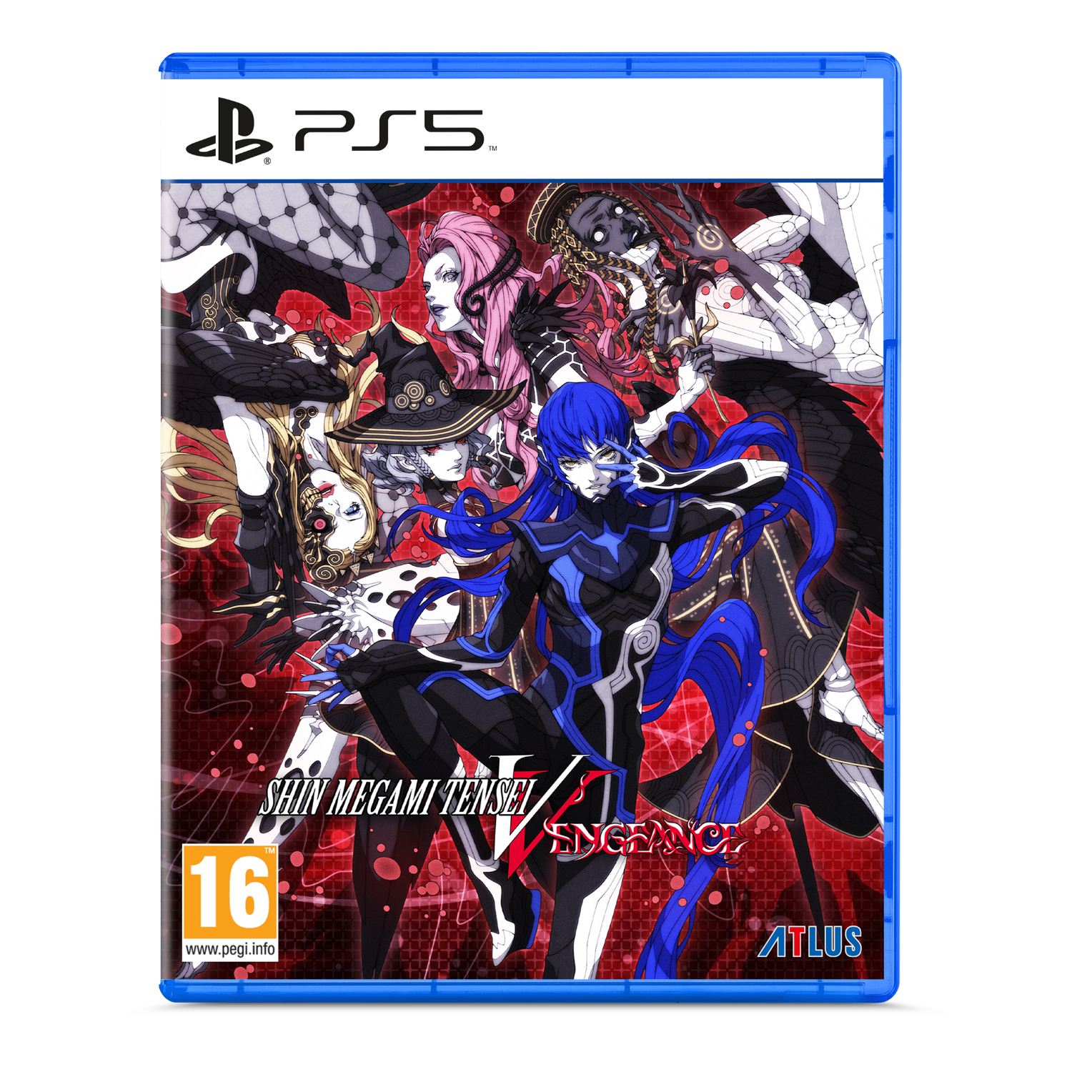 PS5-gamecover met gestileerde personages. Titel: Shin Megami Tensei V Vengeance. Leeftijd: 16.