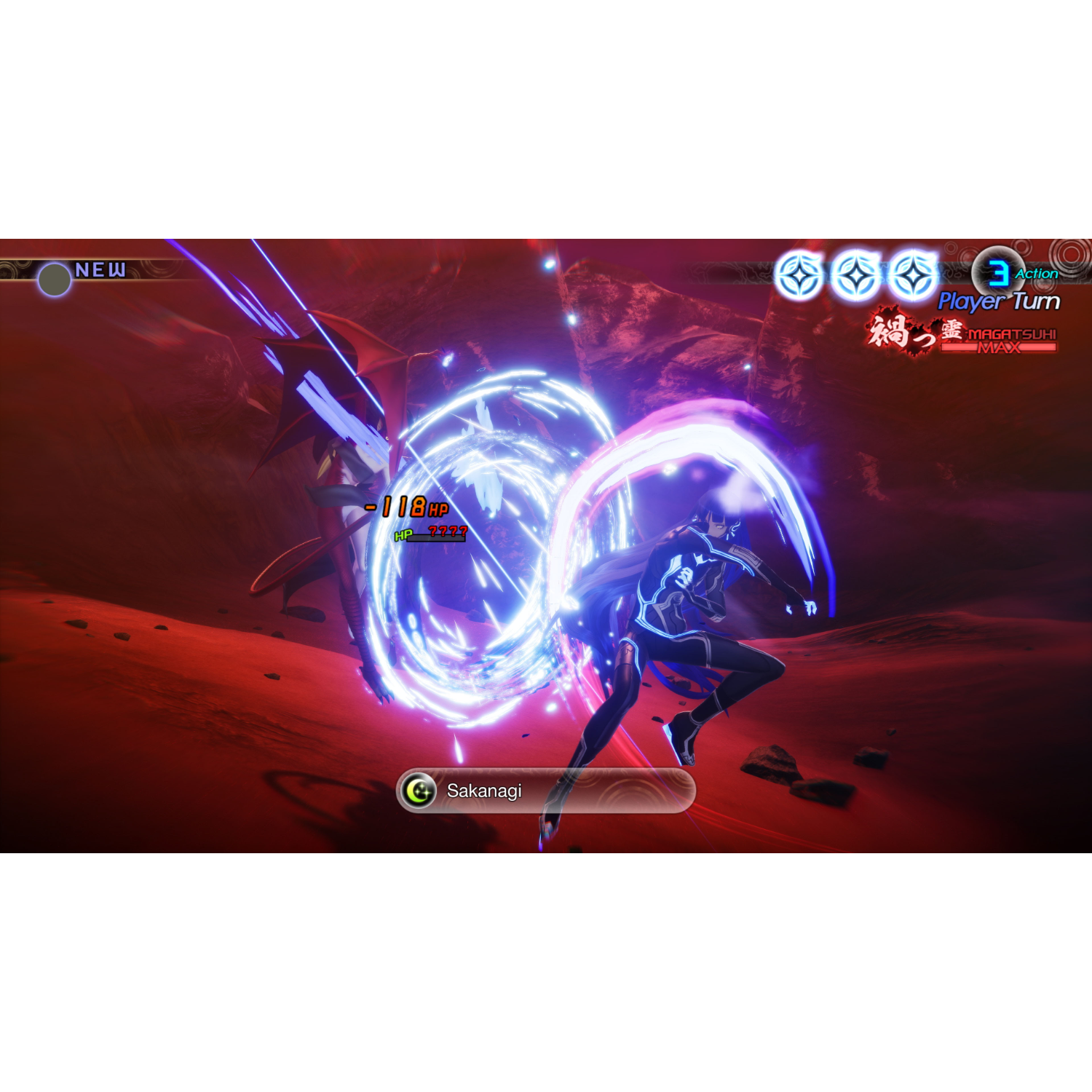 Game scène met karakter die blauwe energie aanvallen uitvoert, rode, rotsachtige achtergrond.