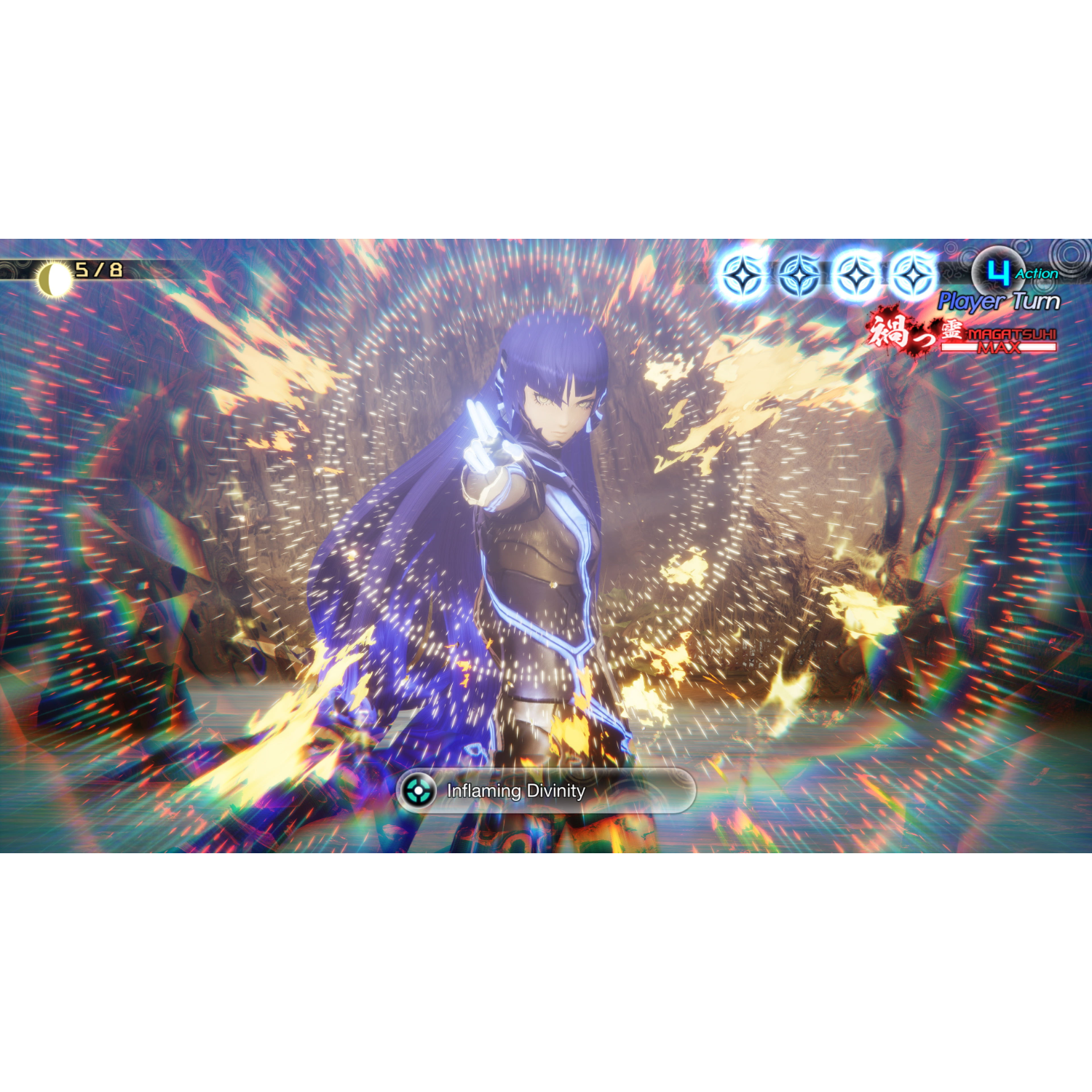 Een vrouwelijk personage in een videogame richt een wapen, omringd door kleurrijke energie-effecten.