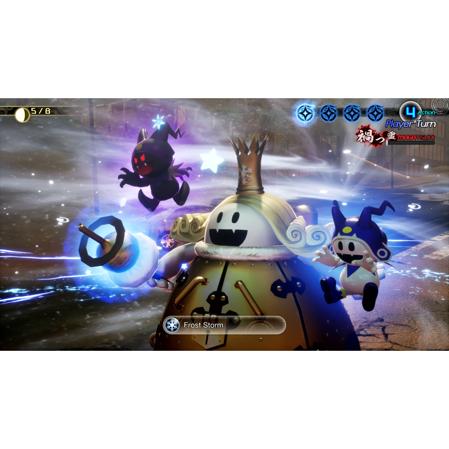 Videogame scène: Frost Jack, Jack Frost wezens en menutekst in een besneeuwde omgeving.