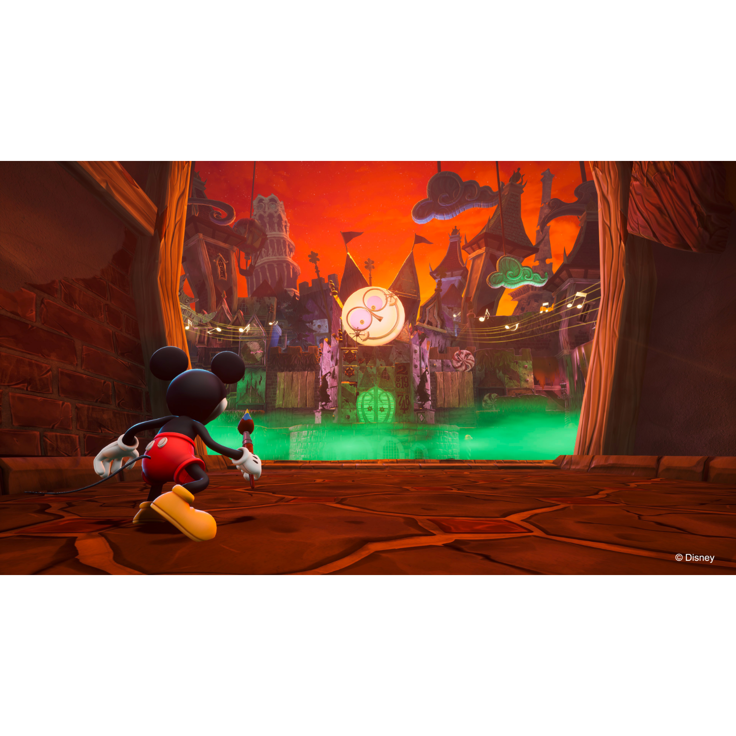 Mickey Mouse in een spookstad. Een kasteel, gebouwen en een heldere maan zijn op de achtergrond.