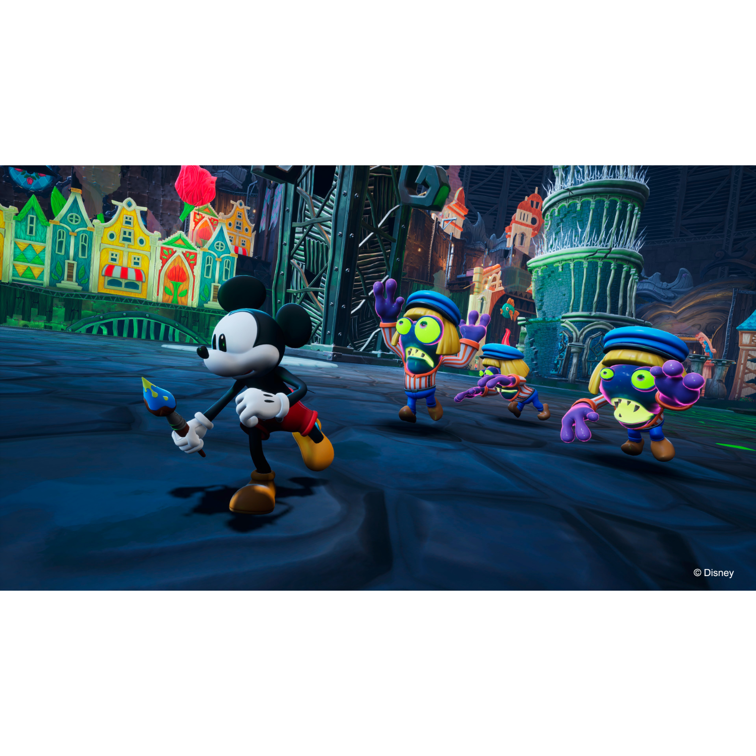 Mickey Mouse, met een penseel, achtervolgt geanimeerde monsters door een kleurrijke stad.