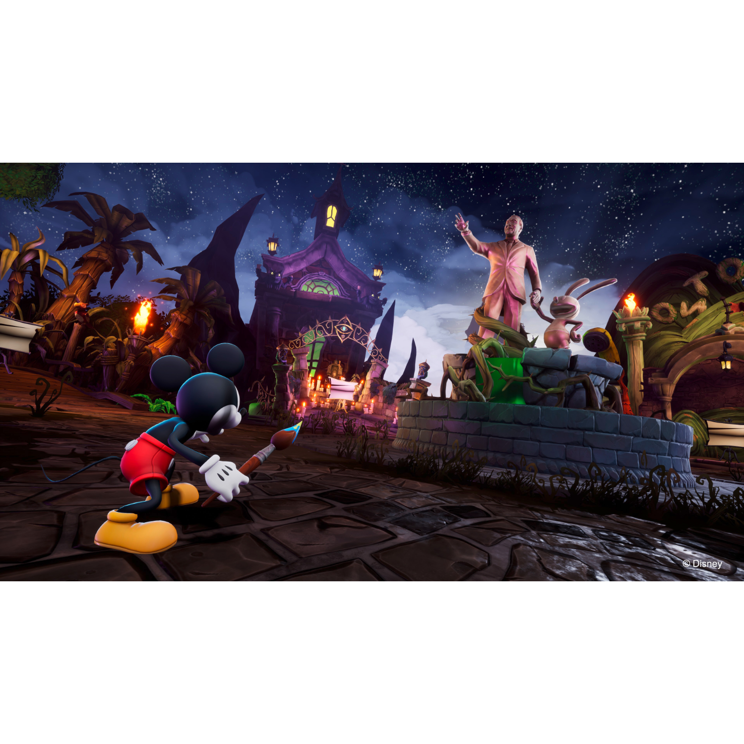 Mickey Mouse schildert voor een standbeeld met een spookachtige achtergrond van een park en nachthemel.