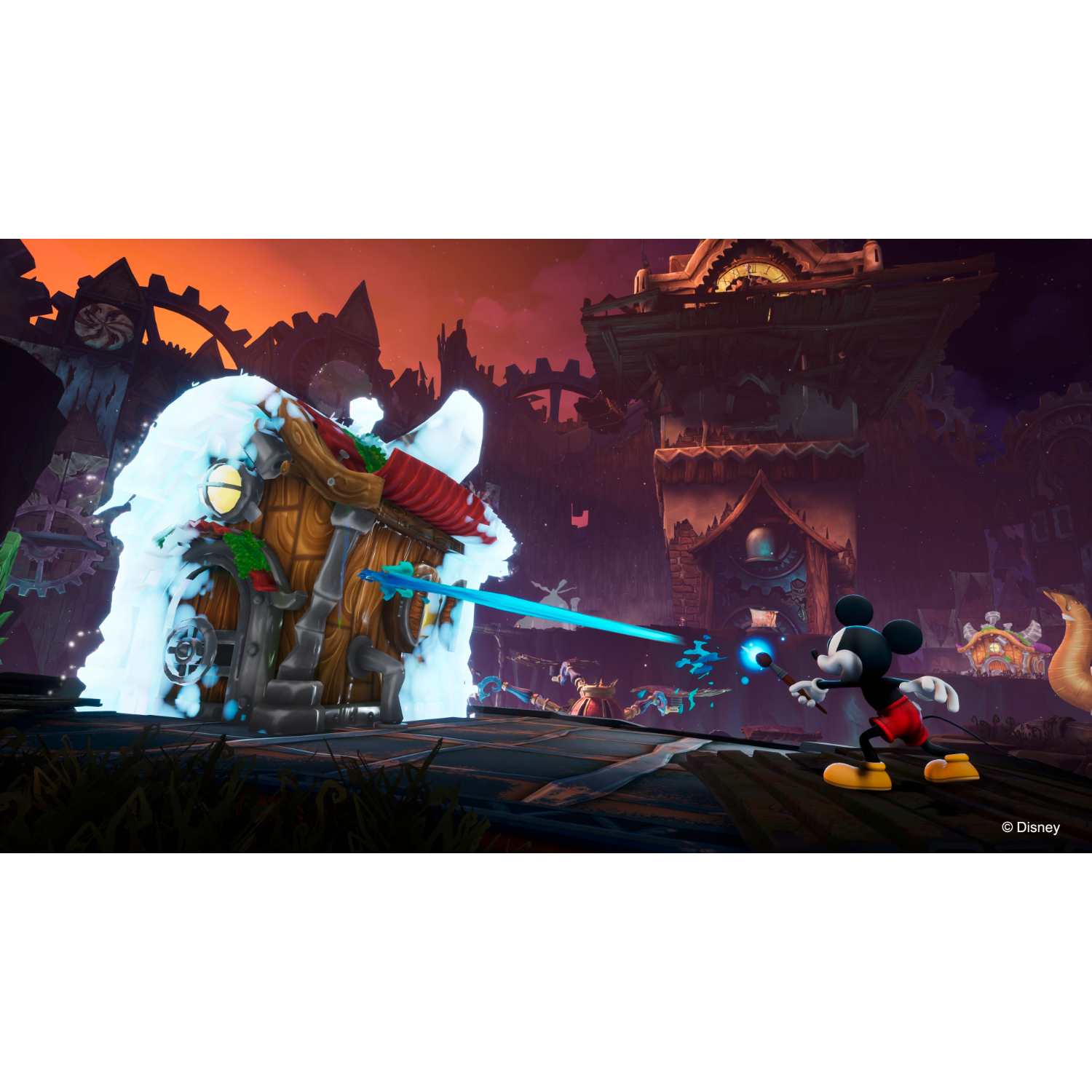 Mickey Mouse schiet een blauwe straal op een besneeuwd huis in een cartoonomgeving.