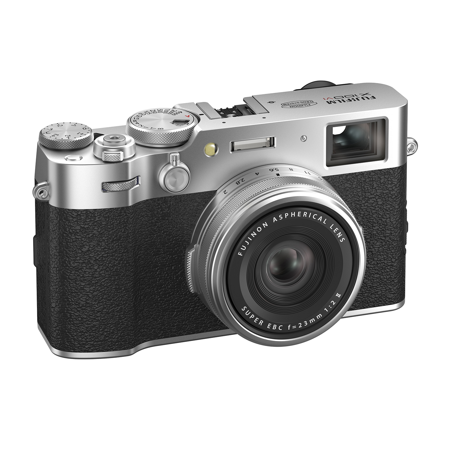 Fotocamera Fujifilm X100V argentata. Ha un'impugnatura nera e un obiettivo con tappo.