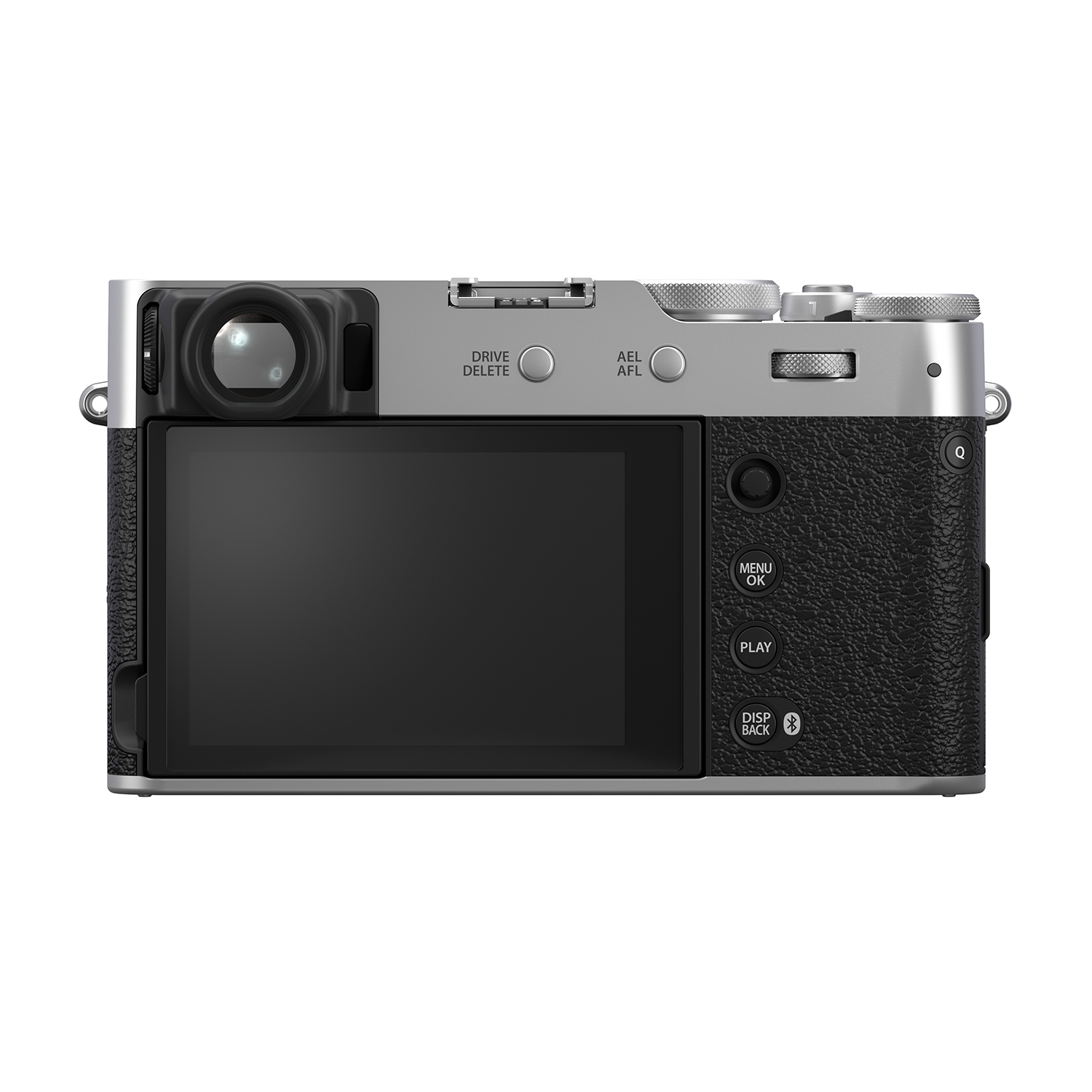 Il retro di una fotocamera argento e nera, con pulsanti e uno schermo. L'obiettivo è visibile.