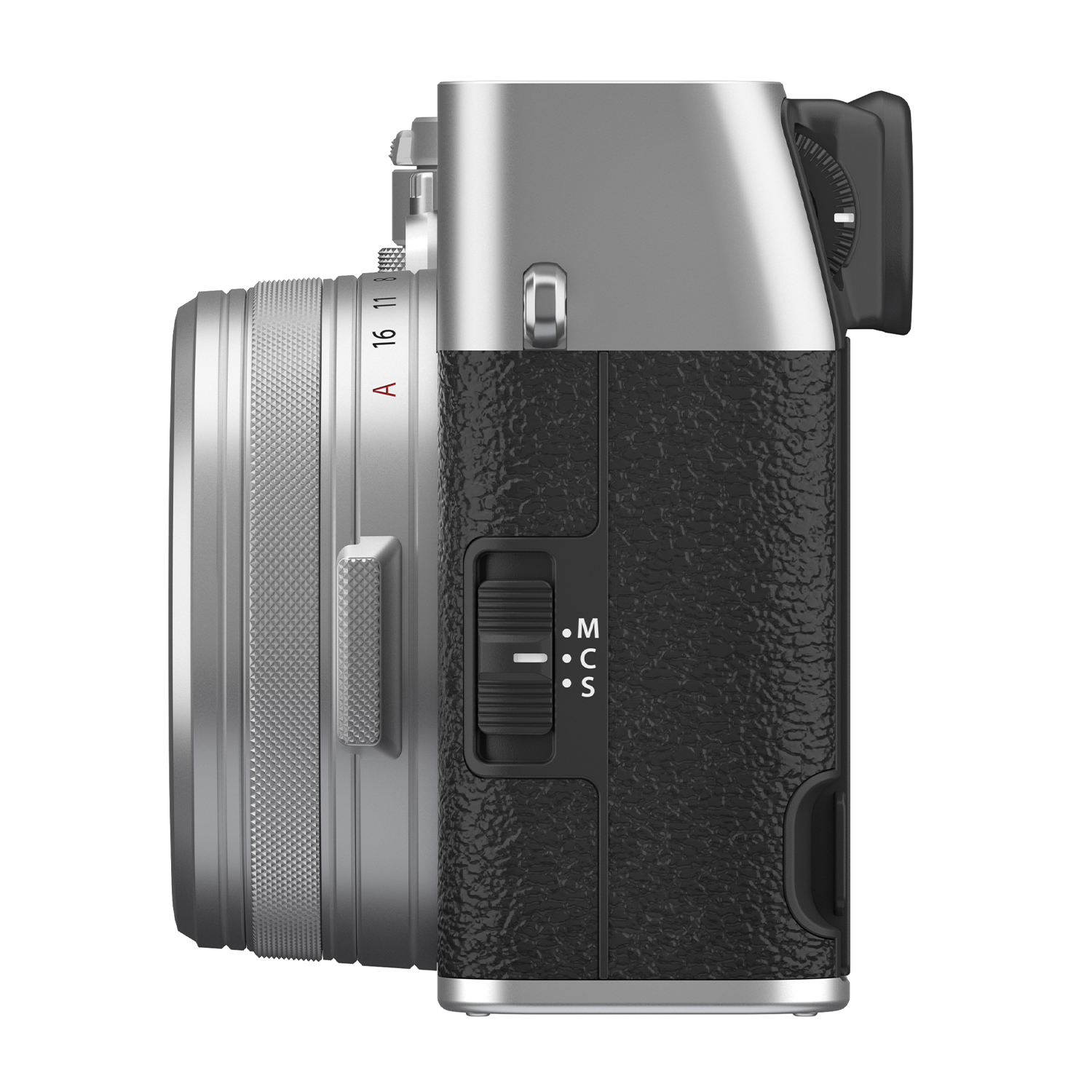 Fotocamera argentata con obiettivo e controlli laterali.