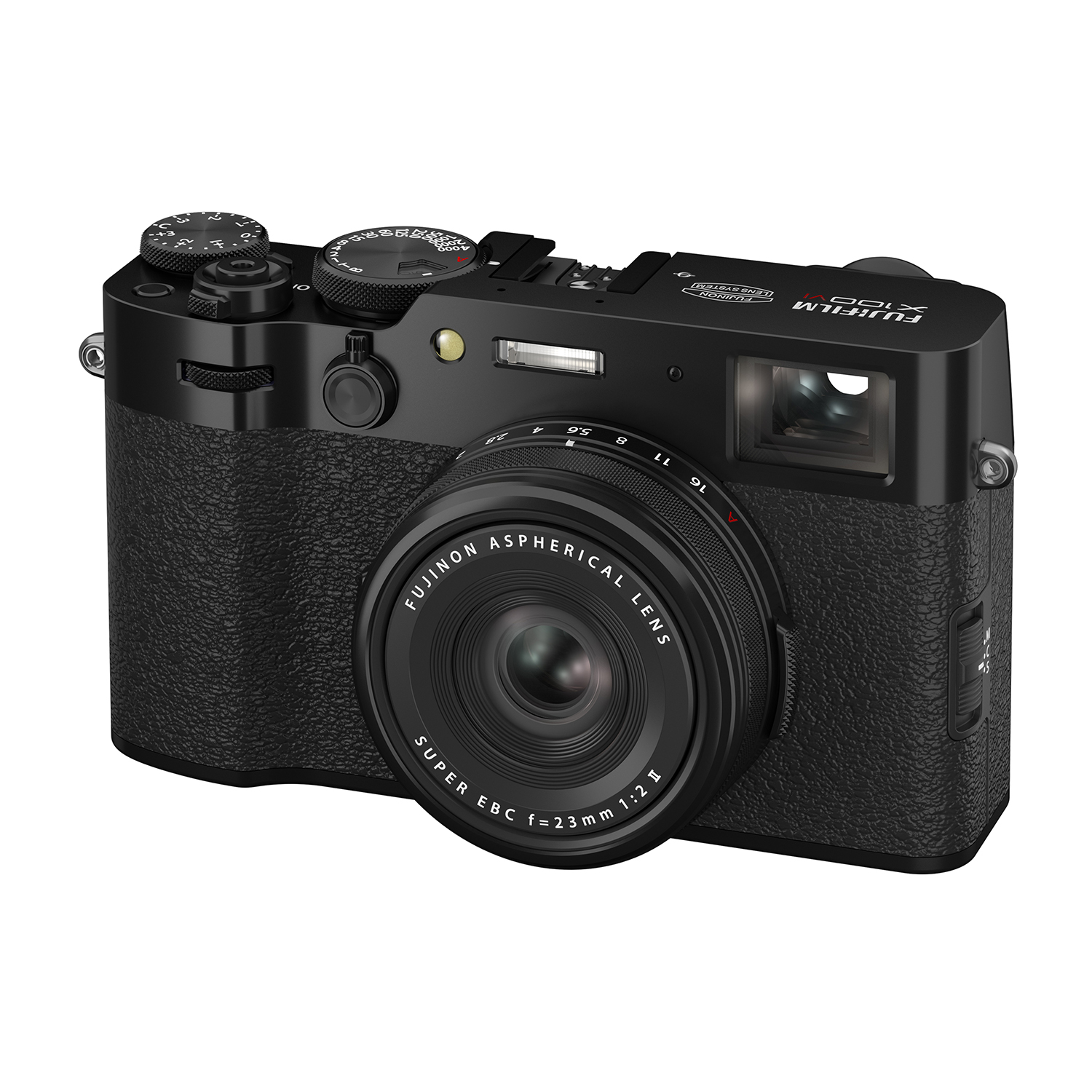 Fotocamera nera con obiettivo, pulsanti e quadranti su sfondo bianco.