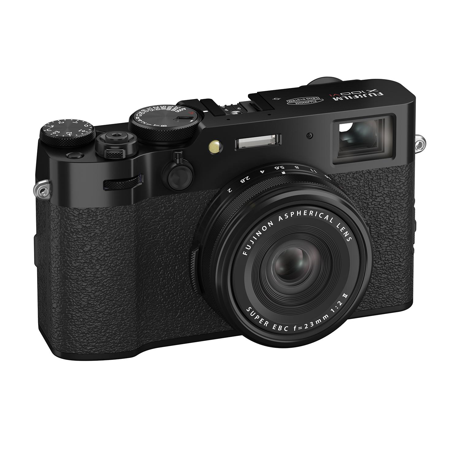 Una fotocamera Fujifilm X100V nera su sfondo bianco.