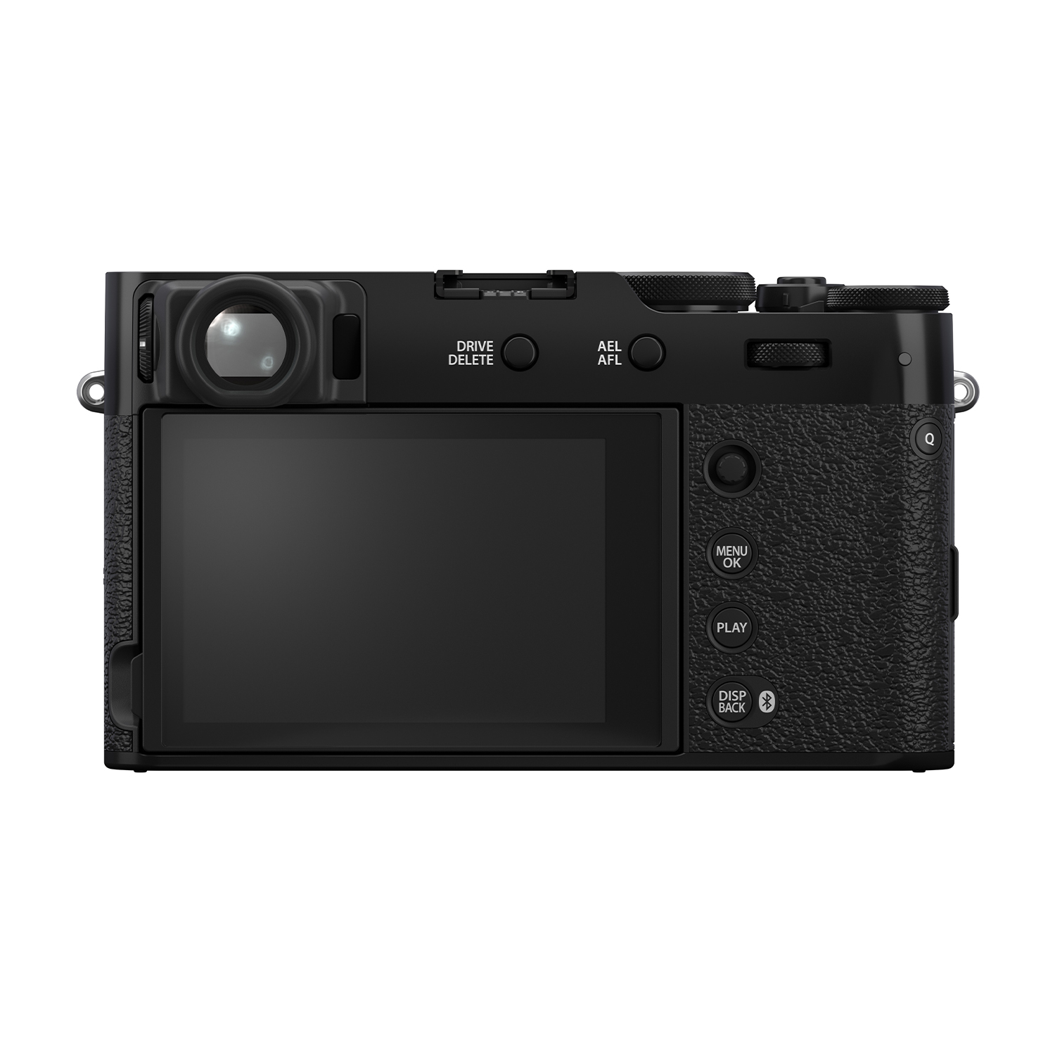 Retro fotocamera nero con display, pulsanti e ghiere. Testo 'DRIVE DELETE', 'AEL AFL', ecc.