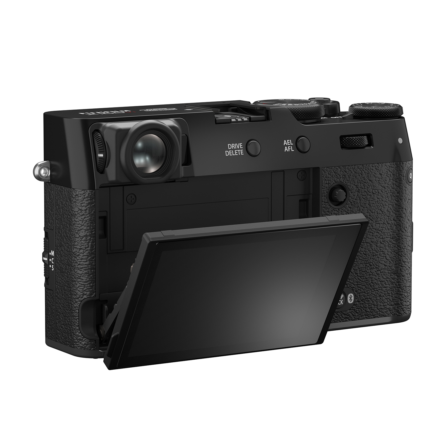 Fotocamera nera con schermo aperto. Pulsanti e ghiere visibili. Drive, Delete, AEL/AFL.