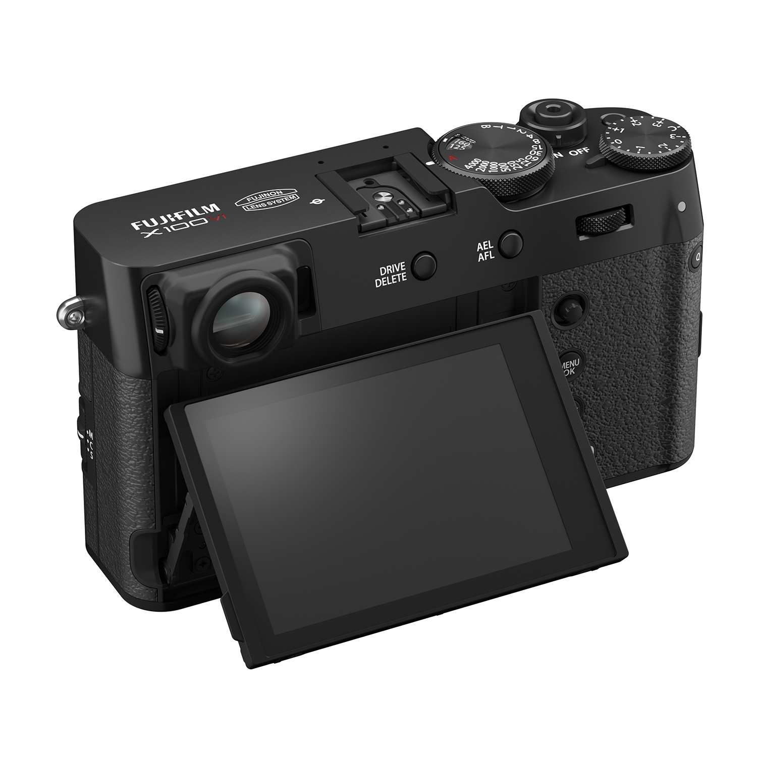 Fotocamera Fujifilm X100 nera, schermo aperto, su sfondo bianco.
