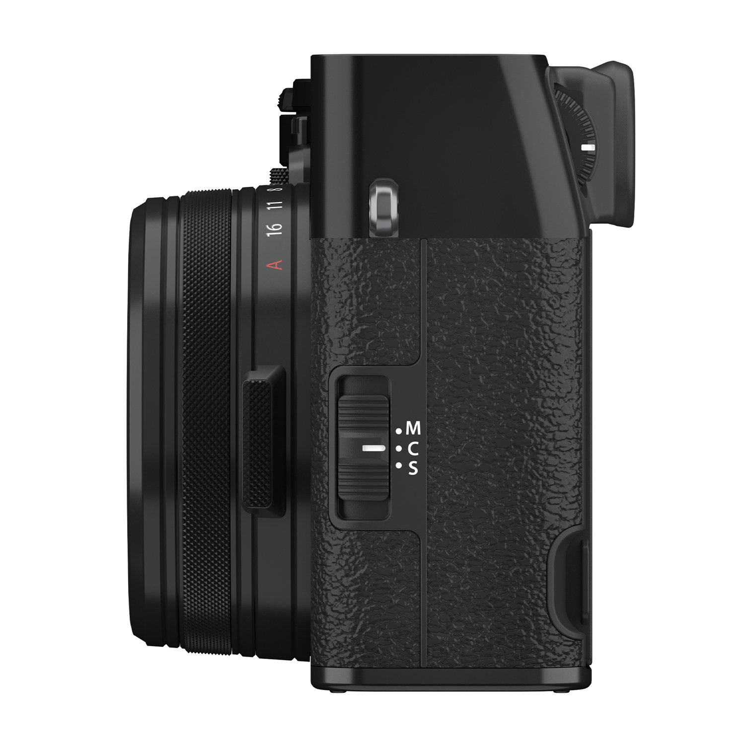 Una fotocamera nera con obiettivo sul lato.