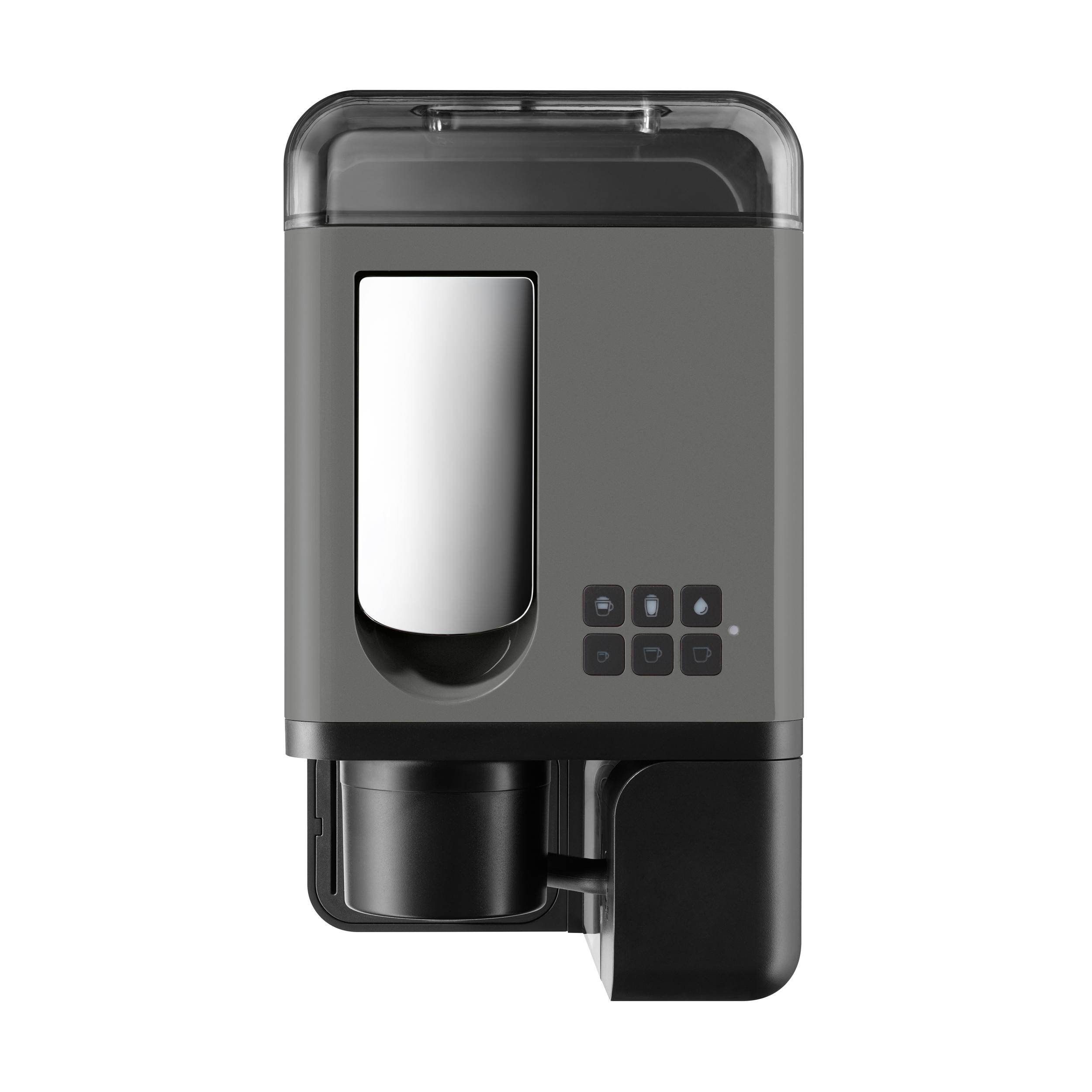 Eine graue Kaffeemaschine. Die Maschine hat Knöpfe auf der Vorderseite und einen schwarzen Becherhalter darunter.