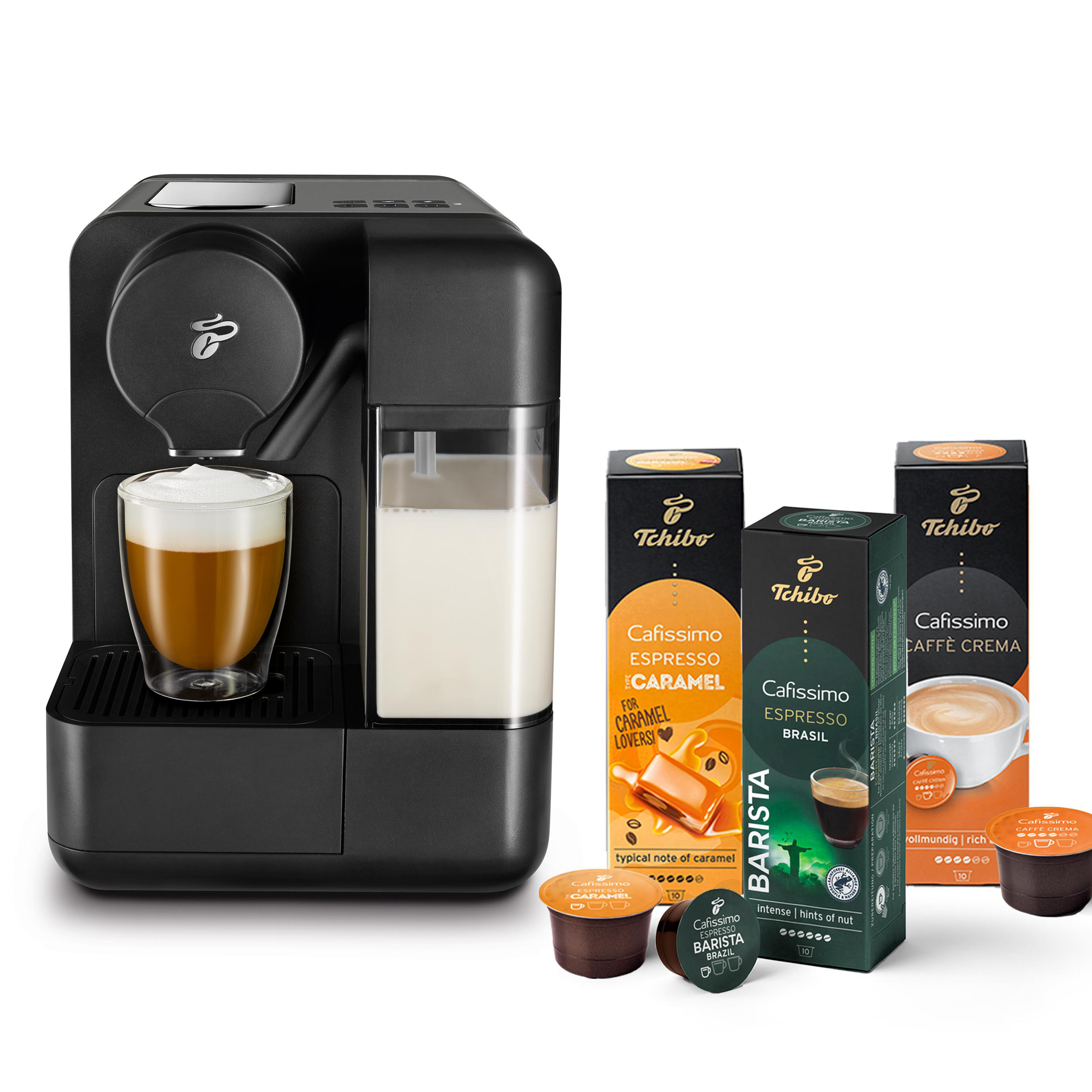 Schwarze Kaffeemaschine mit Kaffeekapseln und Milchbehälter.