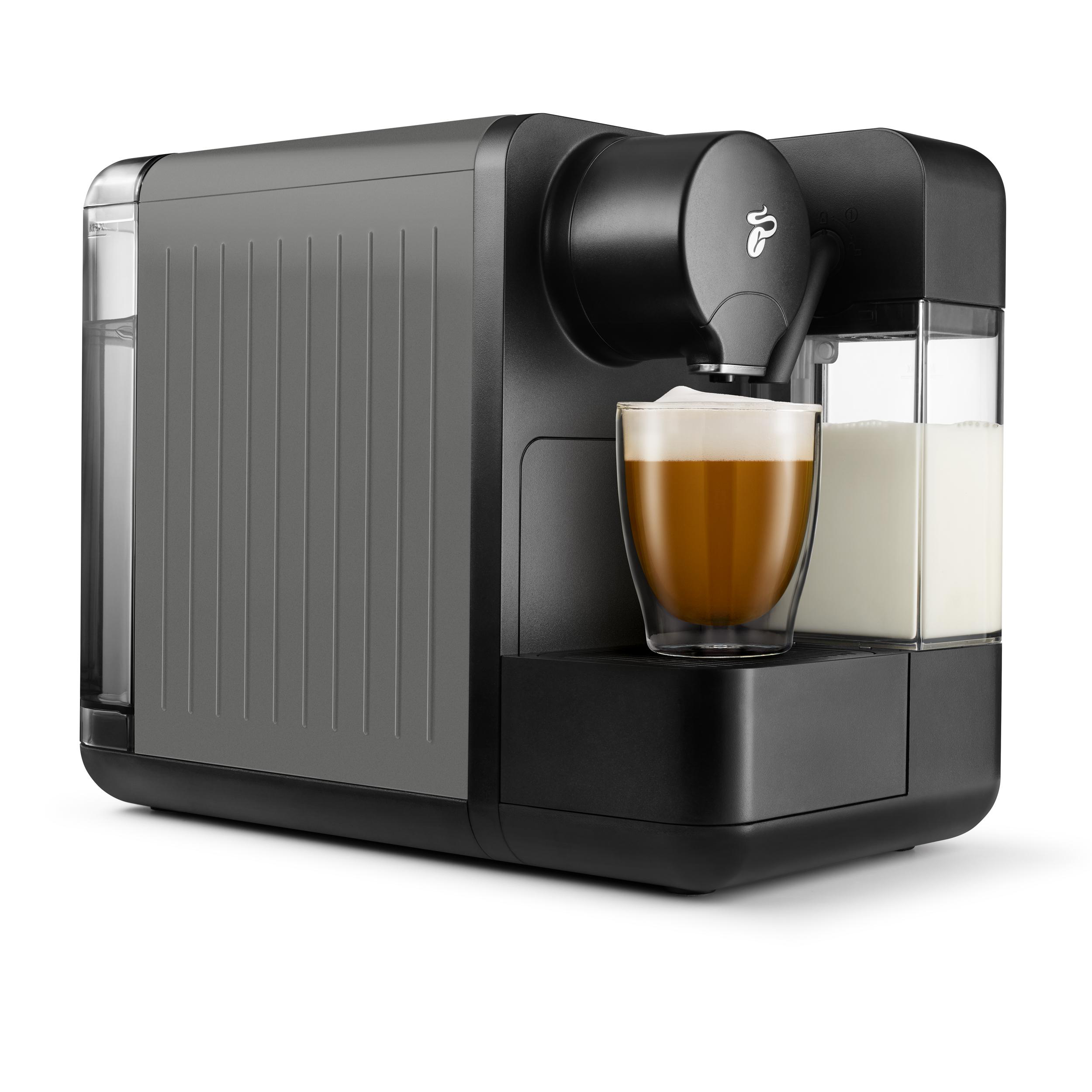 Schwarz-graue Kaffeemaschine mit Kaffeeglas und Milchbehälter.