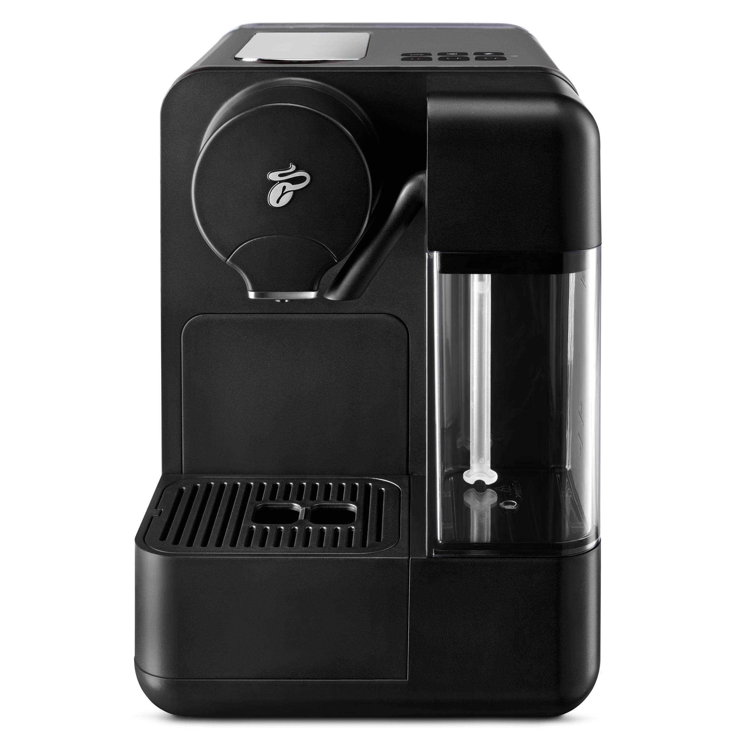 Eine schwarze Kaffeemaschine mit transparentem Wassertank und Logo.