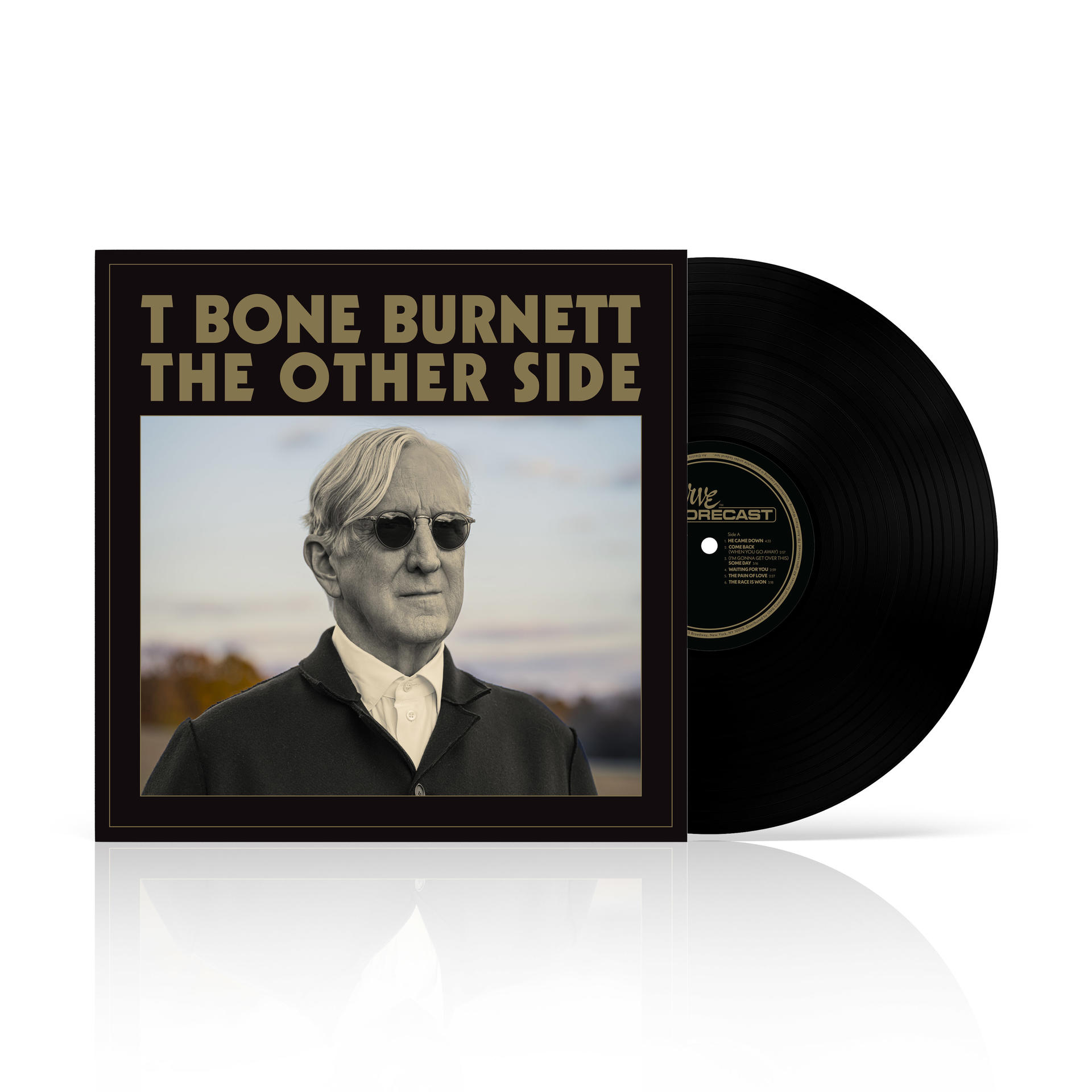 Albumcover von T Bone Burnett, betitelt „The Other Side“, mit schwarzer Schallplatte.