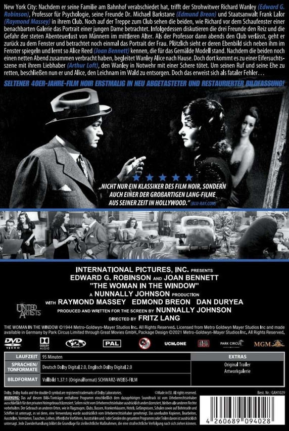 Filmposter für „Die Frau im Fenster“ mit Schwarz-Weiß-Bildmaterial und Text auf Deutsch.