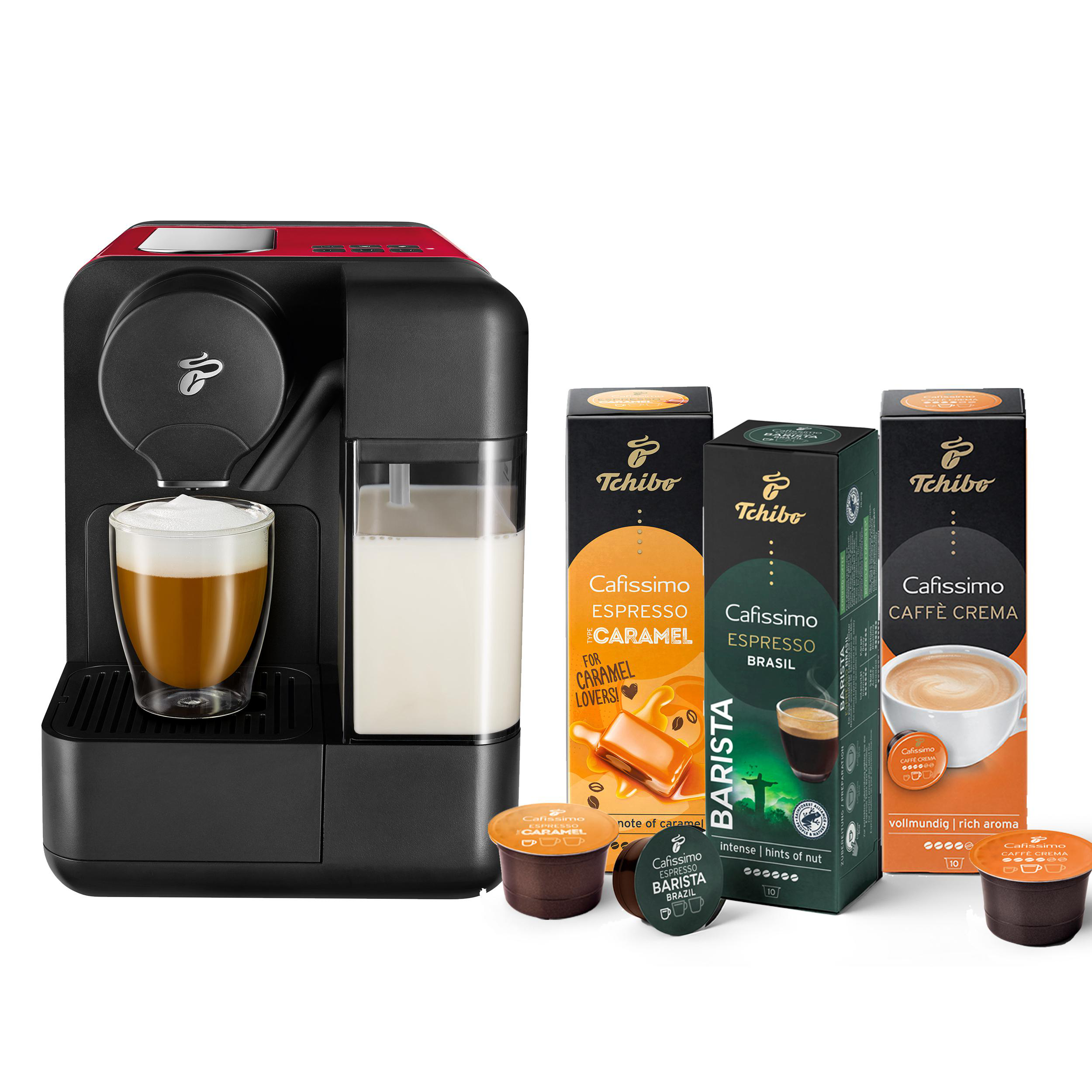 Eine Kaffeemaschine mit einer Kaffeetasse und einigen Kapseln, mit Produktverpackung.