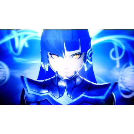 Una imagen en tonos azules de un personaje femenino con ojos amarillos brillantes.