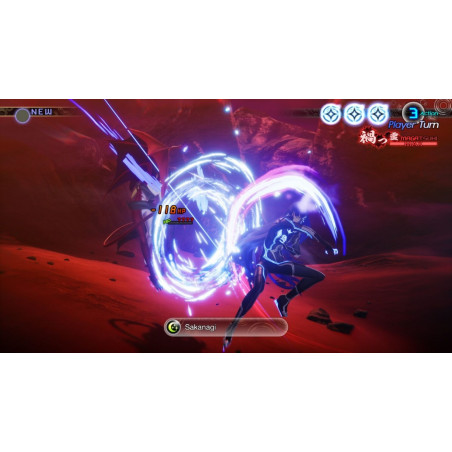 Escena de videojuego. Un personaje luchando contra un monstruo. Efectos morados y fondo rojo.
