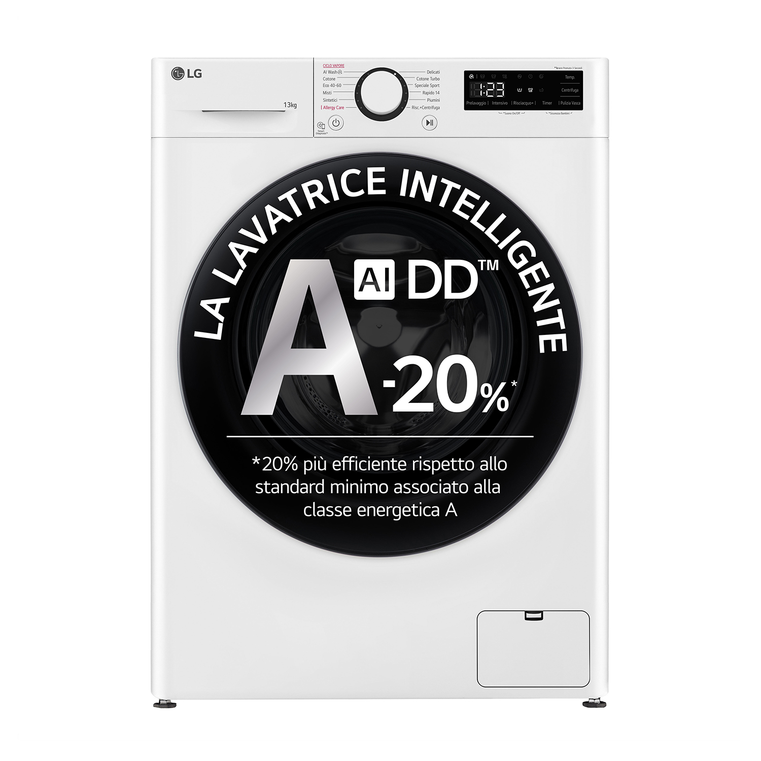 Una lavatrice LG bianca con un grande display circolare sulla parte anteriore.