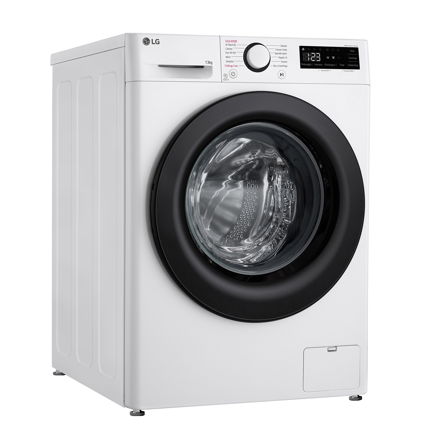 Lavatrice LG bianca con porta nera, display digitale e pulsanti di controllo.