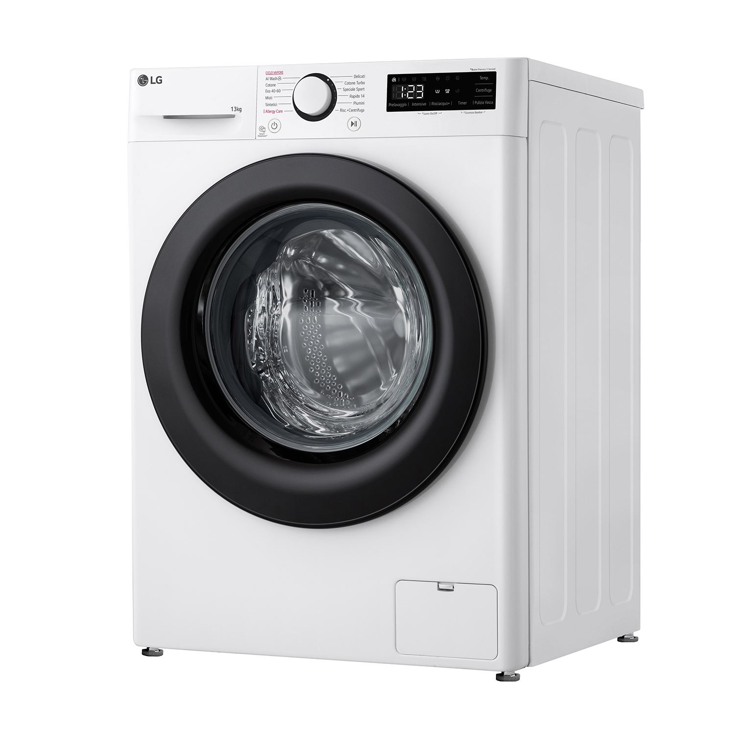 Lavatrice LG bianca con porta e pannello di controllo neri, su sfondo bianco.