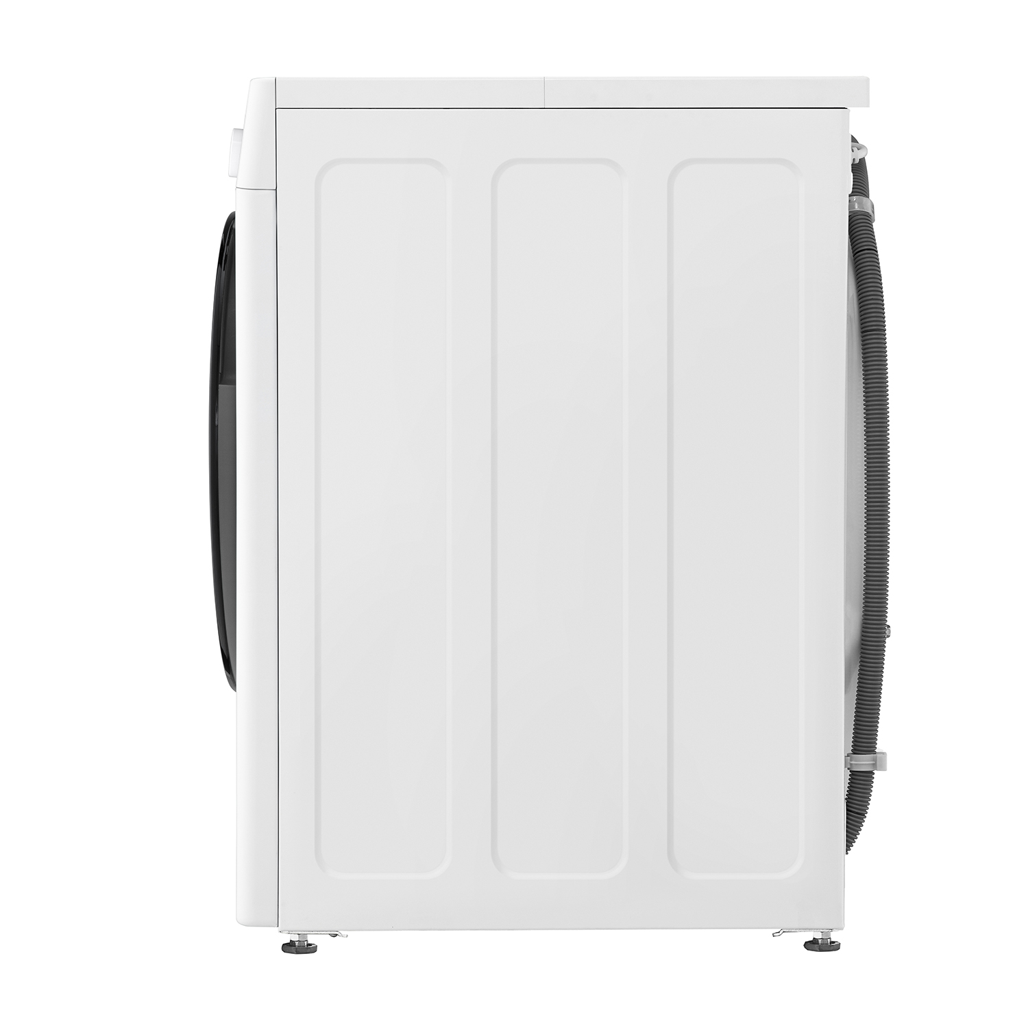 Lavatrice LG bianca, vista laterale, su sfondo bianco. Ha una porta nera e un tubo flessibile.