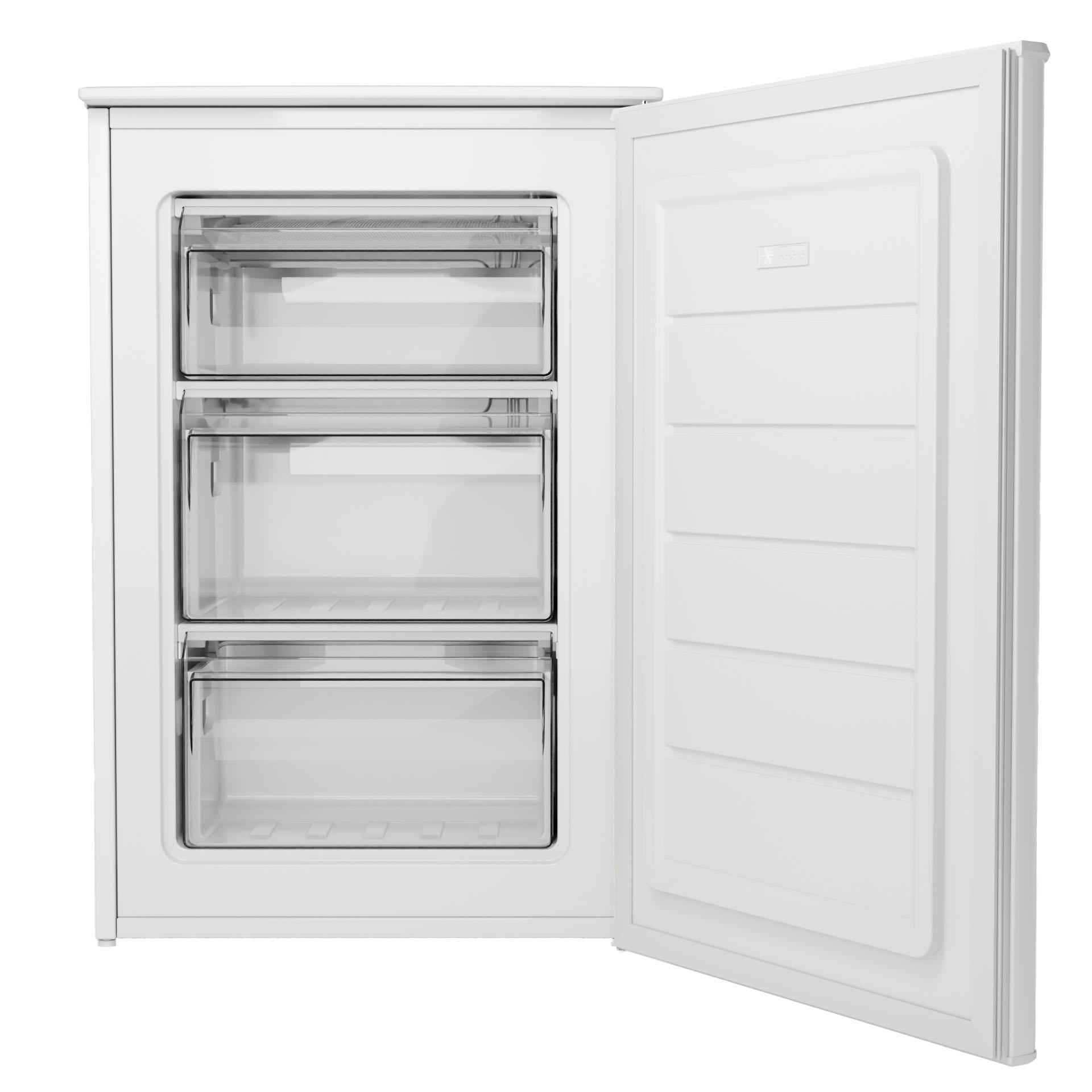 Weißer Gefrierschrank mit drei transparenten Schubladen, Tür offen, Innenansicht.