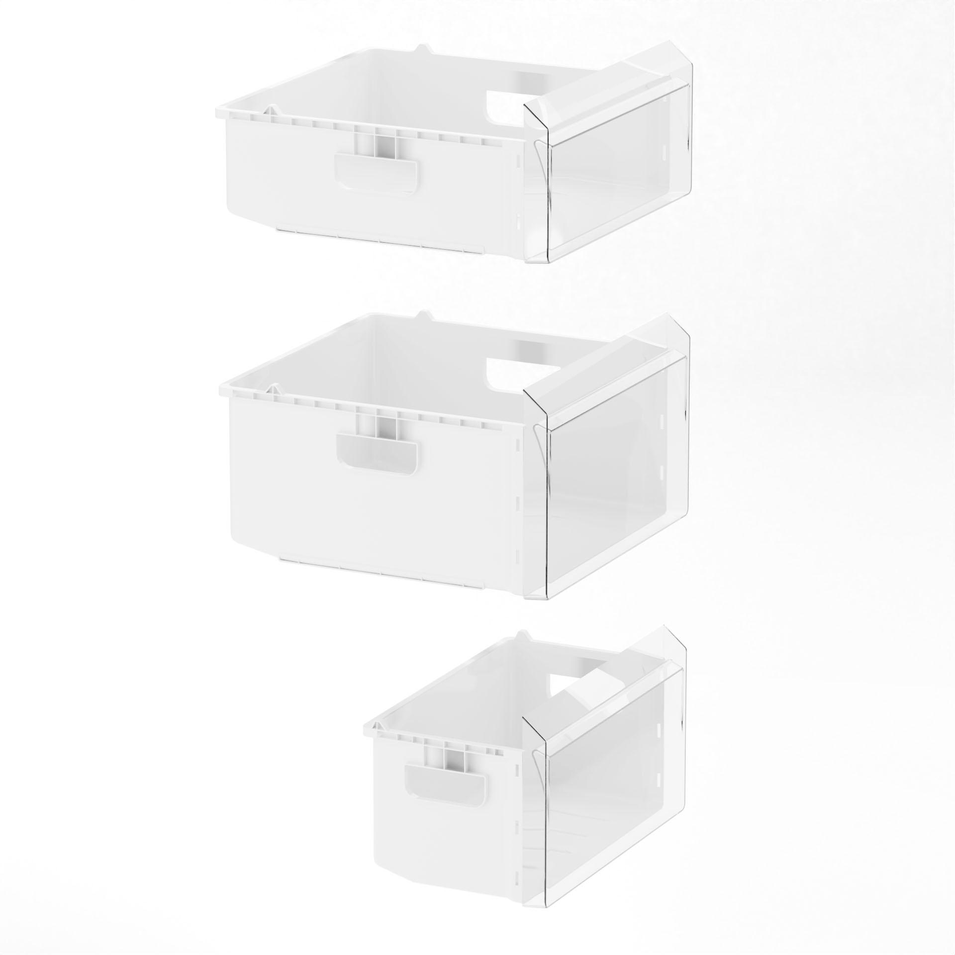 Drei weiße Kunststoff-Aufbewahrungsboxen mit einer transparenten Frontplatte. Sie sind auf weißem Grund gestapelt.