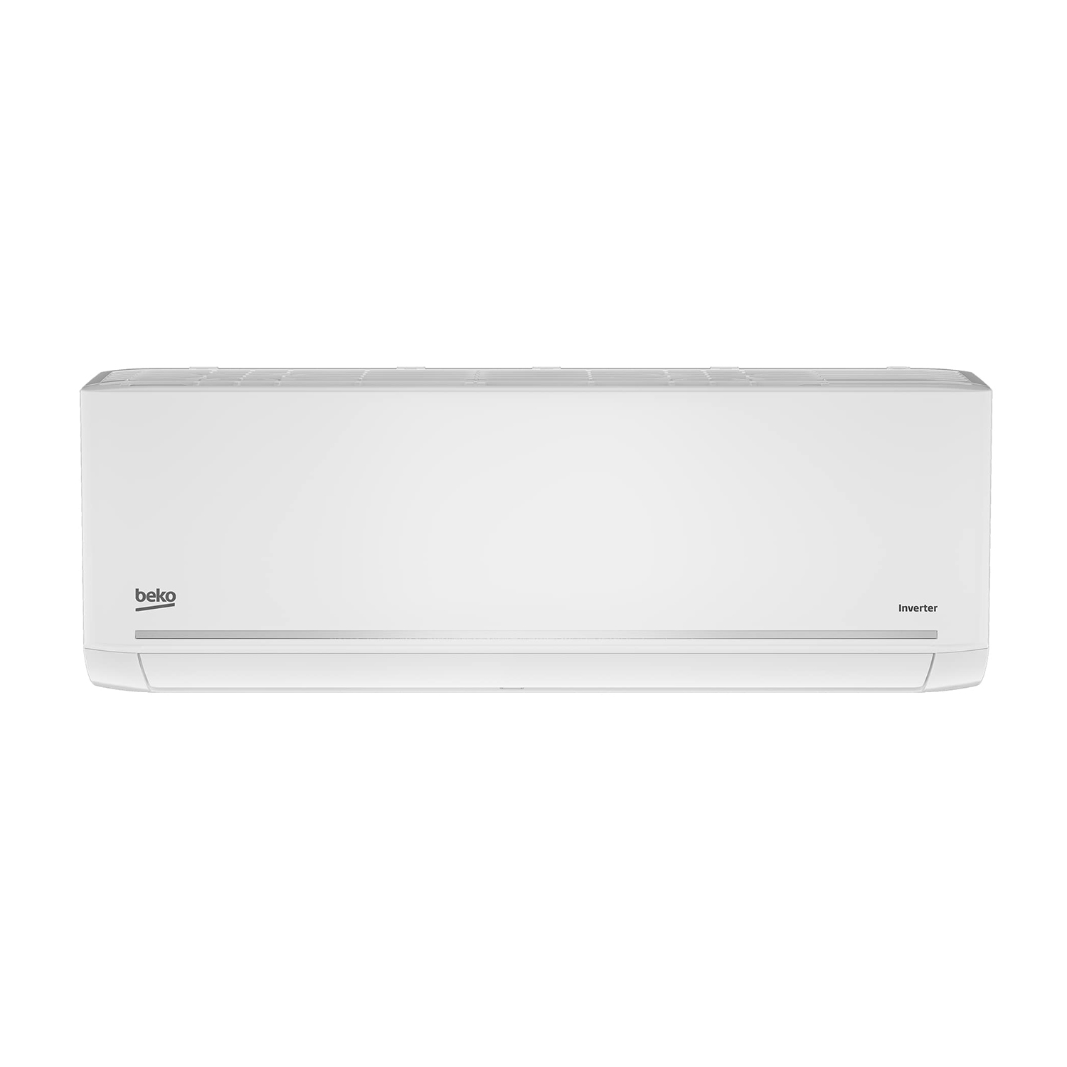 Condizionatore bianco. Marchio Beko a sinistra, etichetta Inverter a destra.