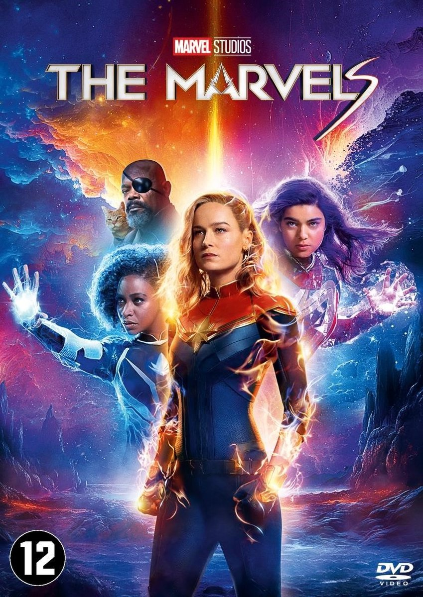 The Marvels DVD cover. Three female superheroes in costume, action shot, colorful backdrop.