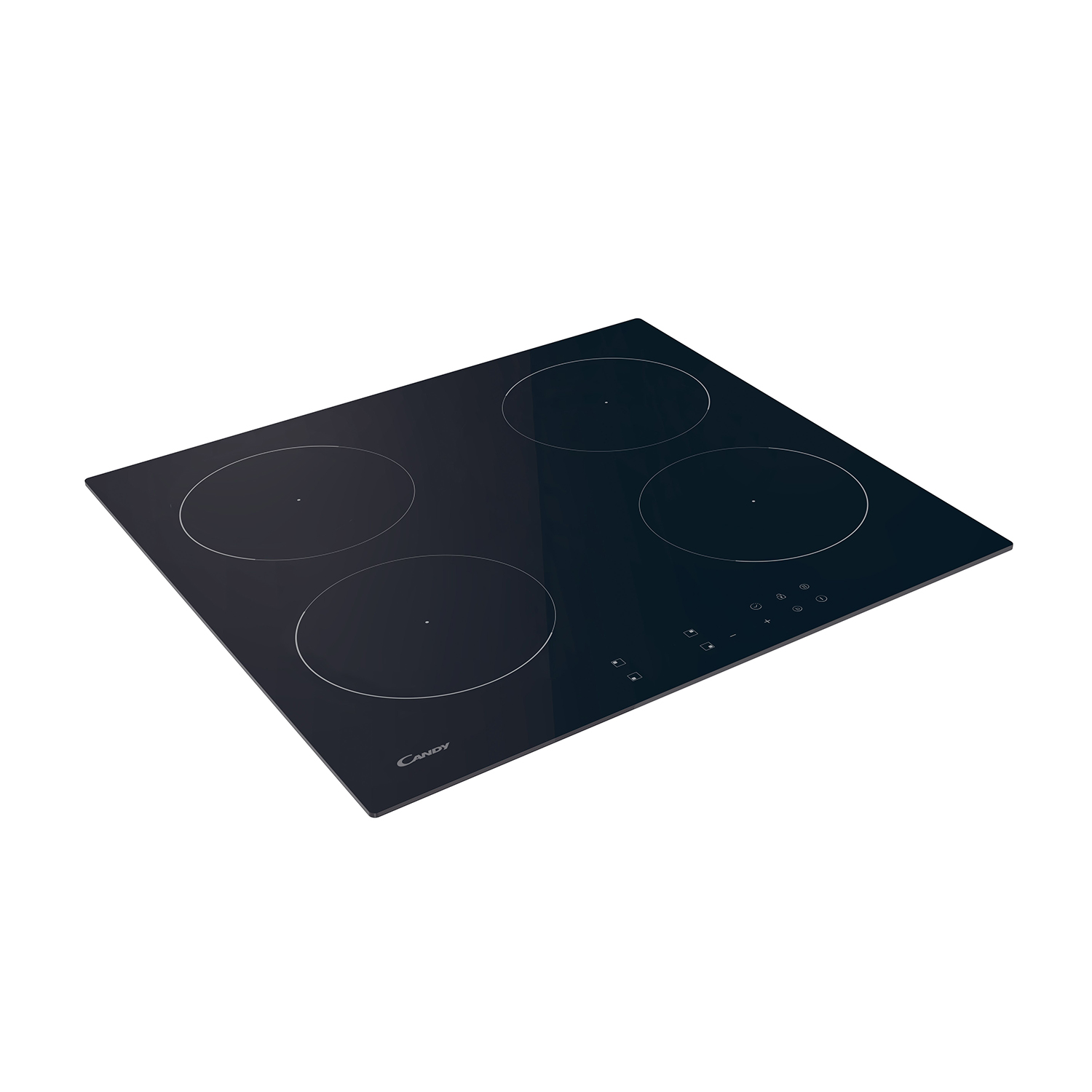 Un piano cottura a induzione nero con quattro zone di cottura circolari. Sfondo bianco.