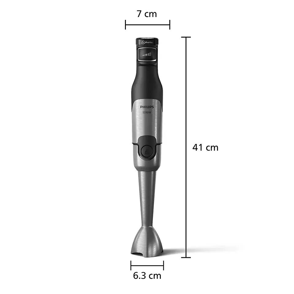 Kézi merülőmixer méretekkel: 7 cm széles, 41 cm hosszú és 6,3 cm alap szélesség.