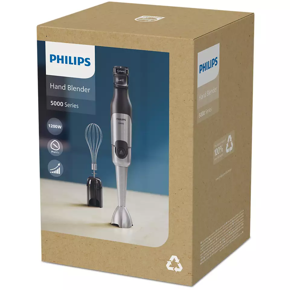 Philips kézi mixer doboza. A mixert és a tartozékokat mutatja. A doboz barna.