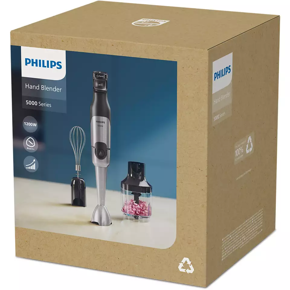 Philips kézi mixer doboza. A doboz a mixert és a tartozékokat mutatja. Kartondoboz.