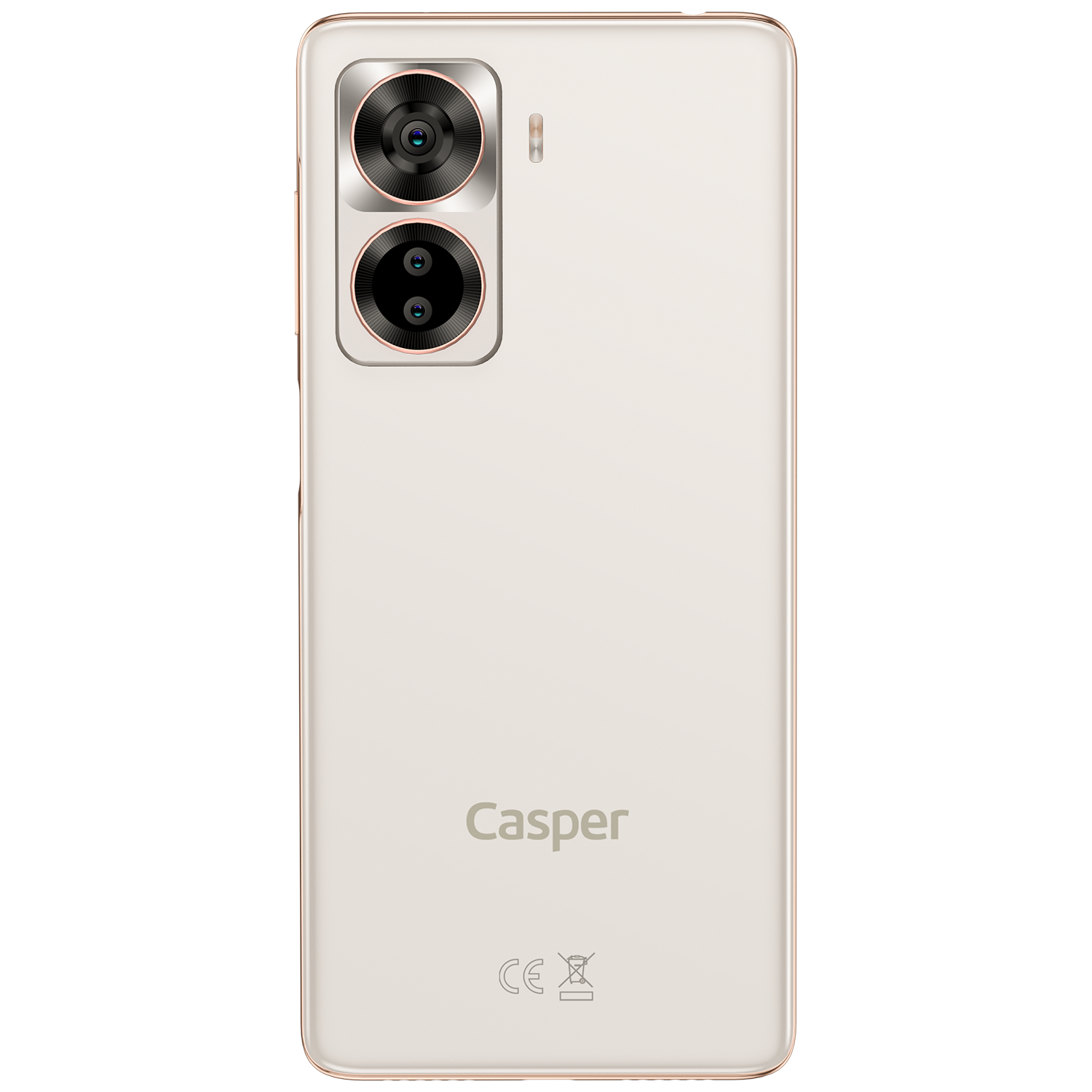 Bej renkli akıllı telefon arkası. İki arka kamera. Altta Casper marka logosu.