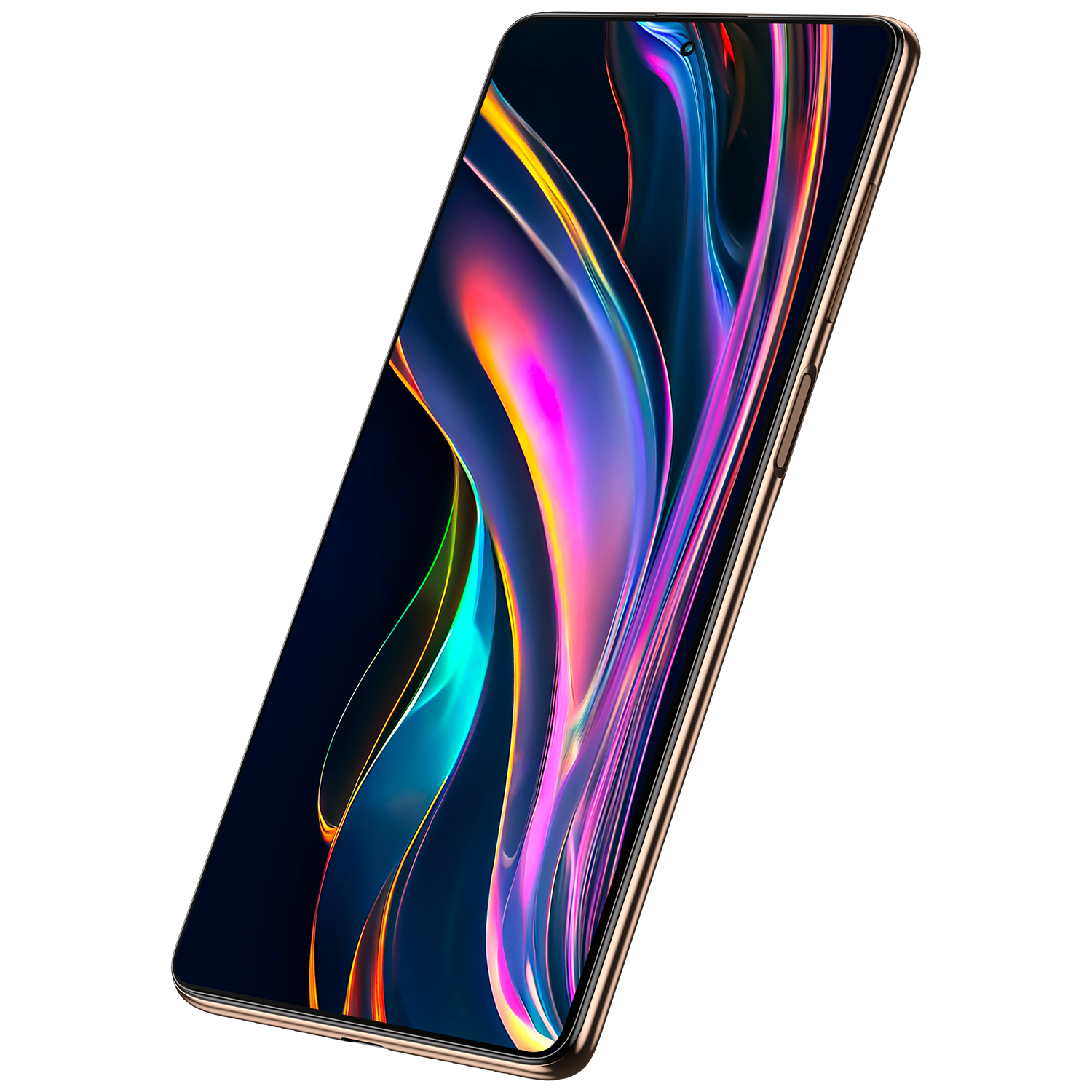 Şık altın akıllı telefon, siyah arka planda renkli soyut tasarım sergiliyor, açılı görünüm.