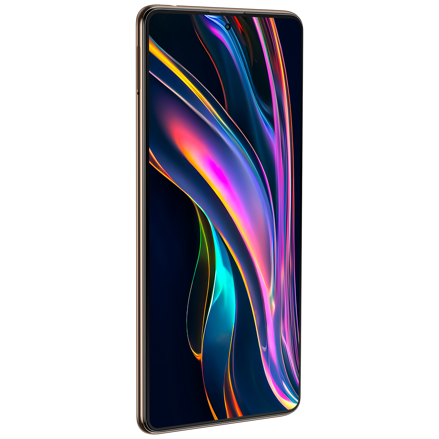 Altın çerçeveli ve siyah arka plan üzerinde renkli, soyut bir ekrana sahip modern bir akıllı telefon.