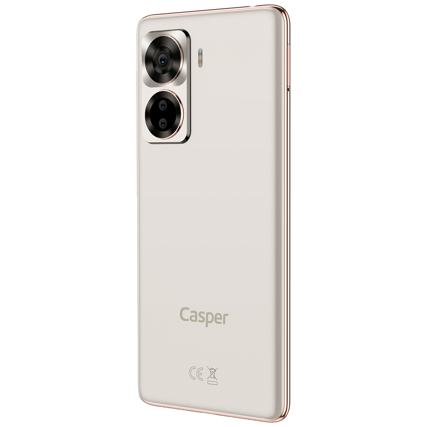 Çift lensli kameraya sahip beyaz Casper telefon, altın çerçeve, koyu arka plan.